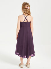 Tea Length Junior Bridesmaid Dresses with Asymmetrical Skirts Plum