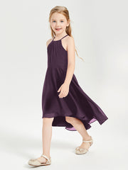 Tea Length Junior Bridesmaid Dresses with Asymmetrical Skirts Plum