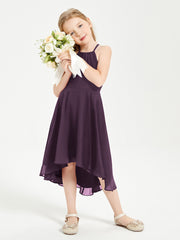 Tea Length Junior Bridesmaid Dresses with Asymmetrical Skirts Plum