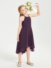 Tea Length Junior Bridesmaid Dresses with Asymmetrical Skirts Plum