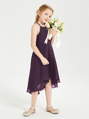 Tea Length Junior Bridesmaid Dresses with Asymmetrical Skirts Plum