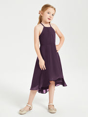 Tea Length Junior Bridesmaid Dresses with Asymmetrical Skirts Plum