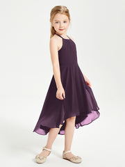 Tea Length Junior Bridesmaid Dresses with Asymmetrical Skirts Plum