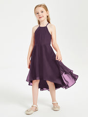Tea Length Junior Bridesmaid Dresses with Asymmetrical Skirts Plum