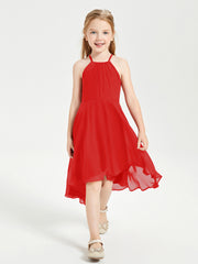 Tea Length Junior Bridesmaid Dresses with Asymmetrical Skirts Red