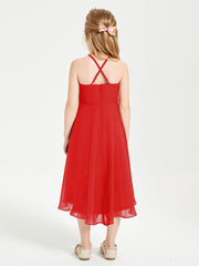 Tea Length Junior Bridesmaid Dresses with Asymmetrical Skirts Red