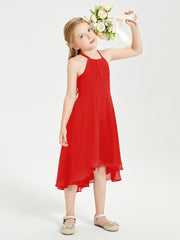 Tea Length Junior Bridesmaid Dresses with Asymmetrical Skirts Red