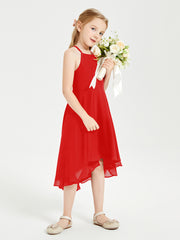 Tea Length Junior Bridesmaid Dresses with Asymmetrical Skirts Red