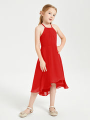 Tea Length Junior Bridesmaid Dresses with Asymmetrical Skirts Red
