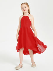 Tea Length Junior Bridesmaid Dresses with Asymmetrical Skirts Red