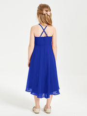 Tea Length Junior Bridesmaid Dresses with Asymmetrical Skirts Royal Blue