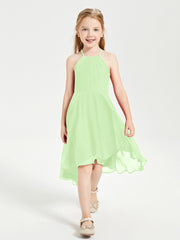 Tea Length Junior Bridesmaid Dresses with Asymmetrical Skirts Sage
