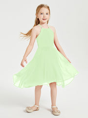 Tea Length Junior Bridesmaid Dresses with Asymmetrical Skirts Sage