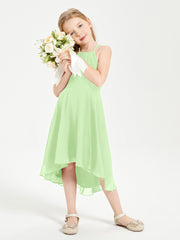 Tea Length Junior Bridesmaid Dresses with Asymmetrical Skirts Sage