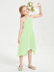 Tea Length Junior Bridesmaid Dresses with Asymmetrical Skirts Sage