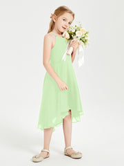 Tea Length Junior Bridesmaid Dresses with Asymmetrical Skirts Sage
