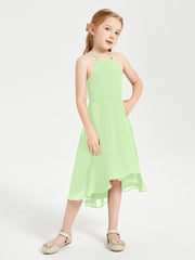 Tea Length Junior Bridesmaid Dresses with Asymmetrical Skirts Sage
