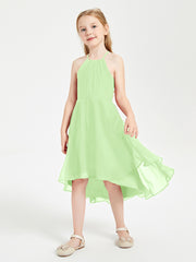 Tea Length Junior Bridesmaid Dresses with Asymmetrical Skirts Sage