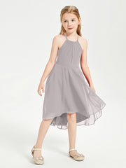 Tea Length Junior Bridesmaid Dresses with Asymmetrical Skirts Silver