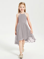 Tea Length Junior Bridesmaid Dresses with Asymmetrical Skirts Silver