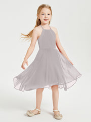 Tea Length Junior Bridesmaid Dresses with Asymmetrical Skirts Silver