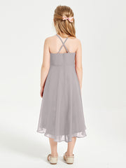 Tea Length Junior Bridesmaid Dresses with Asymmetrical Skirts Silver