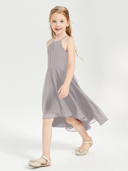Tea Length Junior Bridesmaid Dresses with Asymmetrical Skirts Silver
