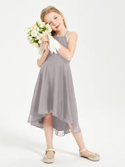 Tea Length Junior Bridesmaid Dresses with Asymmetrical Skirts Silver