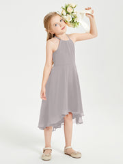 Tea Length Junior Bridesmaid Dresses with Asymmetrical Skirts Silver