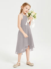 Tea Length Junior Bridesmaid Dresses with Asymmetrical Skirts Silver