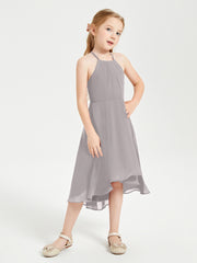 Tea Length Junior Bridesmaid Dresses with Asymmetrical Skirts Silver