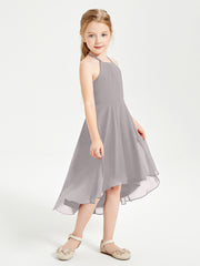Tea Length Junior Bridesmaid Dresses with Asymmetrical Skirts Silver