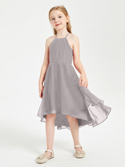 Tea Length Junior Bridesmaid Dresses with Asymmetrical Skirts Silver