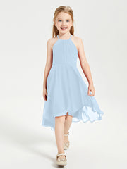 Tea Length Junior Bridesmaid Dresses with Asymmetrical Skirts Sky Blue