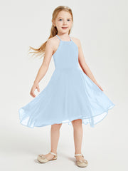 Tea Length Junior Bridesmaid Dresses with Asymmetrical Skirts Sky Blue