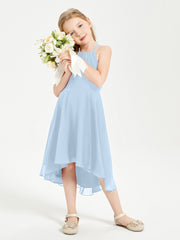 Tea Length Junior Bridesmaid Dresses with Asymmetrical Skirts Sky Blue