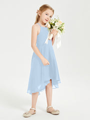 Tea Length Junior Bridesmaid Dresses with Asymmetrical Skirts Sky Blue