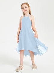 Tea Length Junior Bridesmaid Dresses with Asymmetrical Skirts Sky Blue