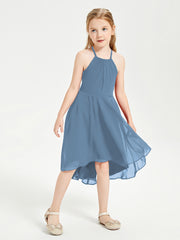 Tea Length Junior Bridesmaid Dresses with Asymmetrical Skirts Slate Blue
