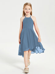 Tea Length Junior Bridesmaid Dresses with Asymmetrical Skirts Slate Blue
