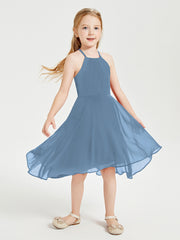 Tea Length Junior Bridesmaid Dresses with Asymmetrical Skirts Slate Blue