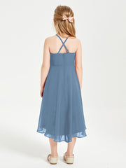Tea Length Junior Bridesmaid Dresses with Asymmetrical Skirts Slate Blue