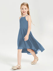Tea Length Junior Bridesmaid Dresses with Asymmetrical Skirts Slate Blue