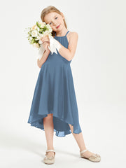 Tea Length Junior Bridesmaid Dresses with Asymmetrical Skirts Slate Blue