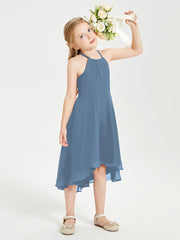 Tea Length Junior Bridesmaid Dresses with Asymmetrical Skirts Slate Blue