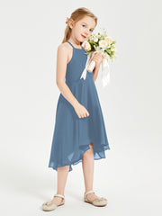 Tea Length Junior Bridesmaid Dresses with Asymmetrical Skirts Slate Blue