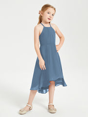 Tea Length Junior Bridesmaid Dresses with Asymmetrical Skirts Slate Blue