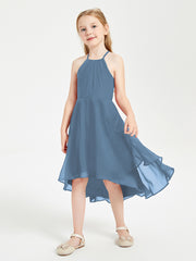Tea Length Junior Bridesmaid Dresses with Asymmetrical Skirts Slate Blue