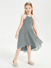 Tea Length Junior Bridesmaid Dresses with Asymmetrical Skirts Steel Grey