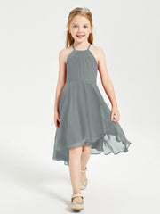 Tea Length Junior Bridesmaid Dresses with Asymmetrical Skirts Steel Grey